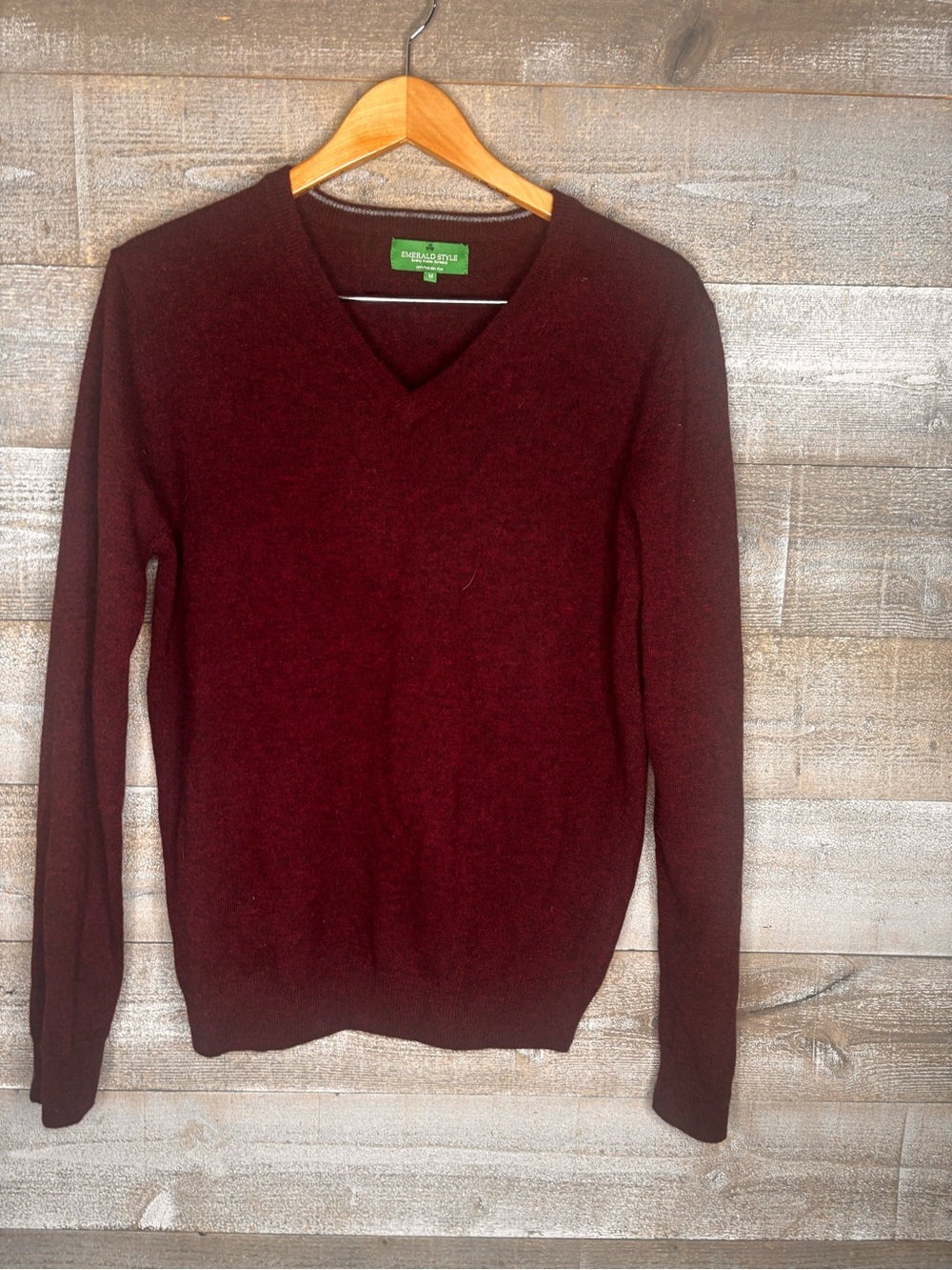 Emerald Style 100% pure new wool Men's V-Neck Sweater in Deep Burgundy